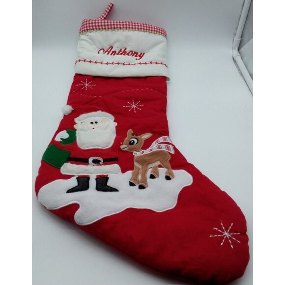 Pottery Barn Kids Anthony Stocking Santa & Rudolph Holiday Christmas Quilted Red - Picture 11 of 11